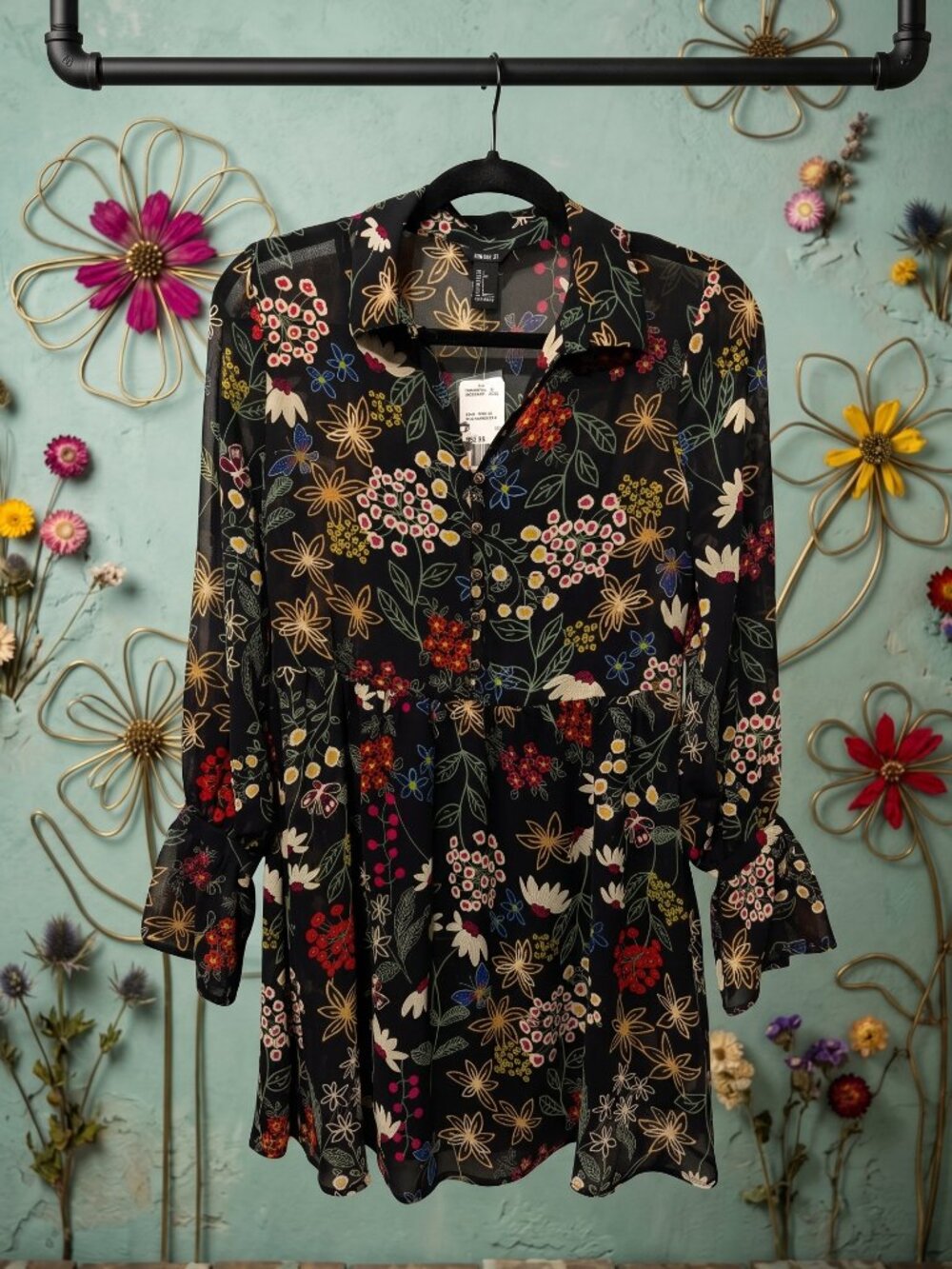Forever 21 Floral Boho Chiffon Sheer Sleeve Dress New With Tags L